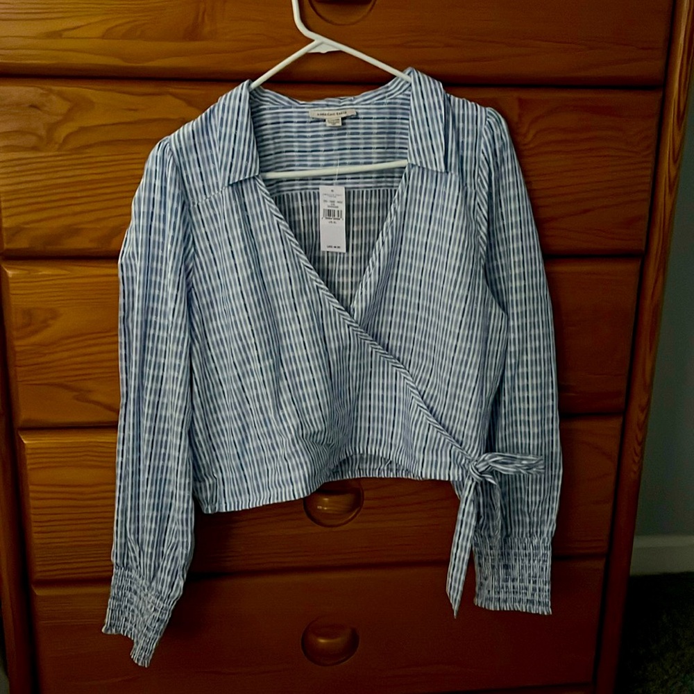 NBW Blue and white Wrap style blouse